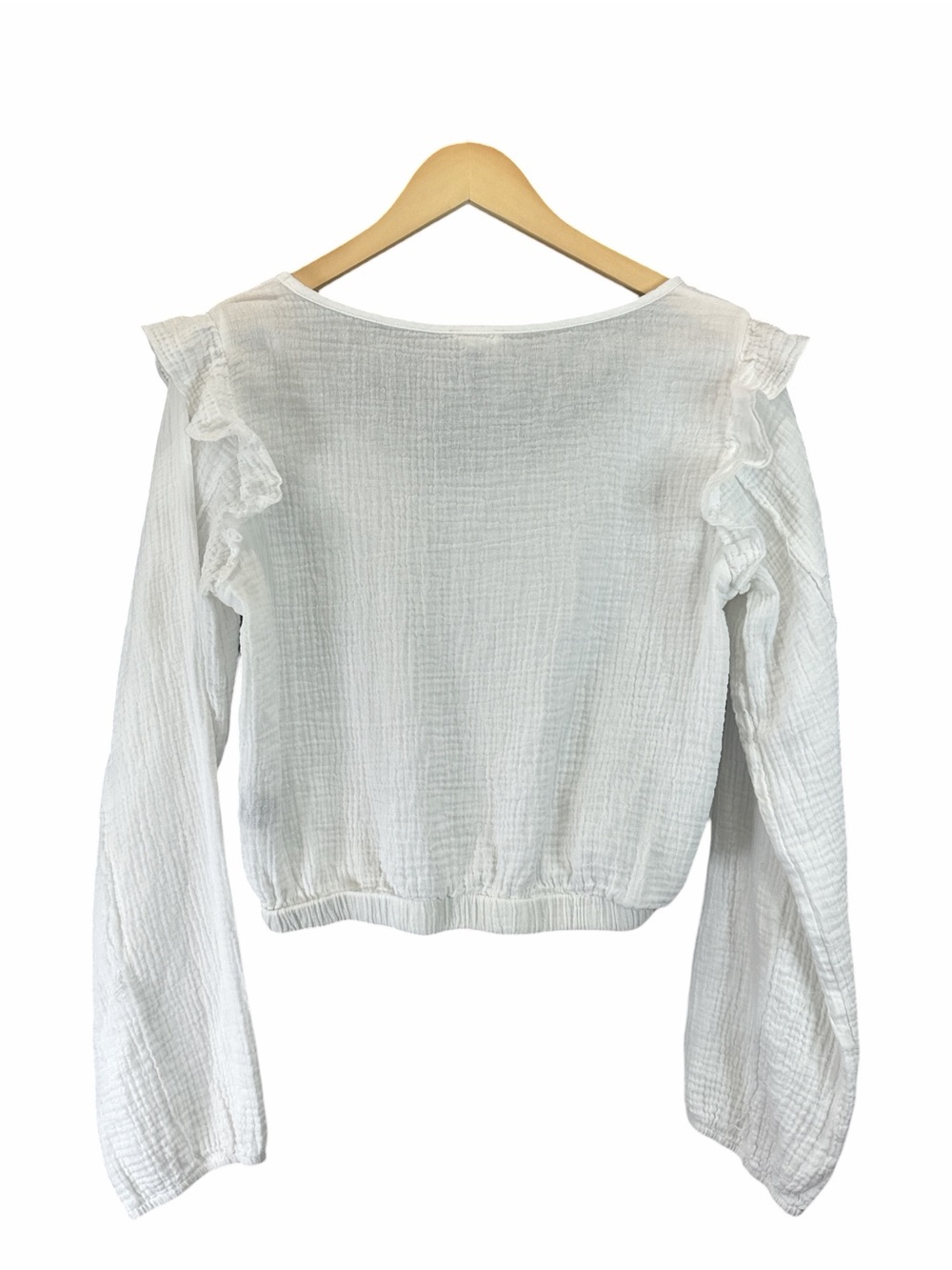 POL White Cotton Gauze Ruffle Shoulder Long Sleeve Cropped Top Size Medium - Picture 3 of 8